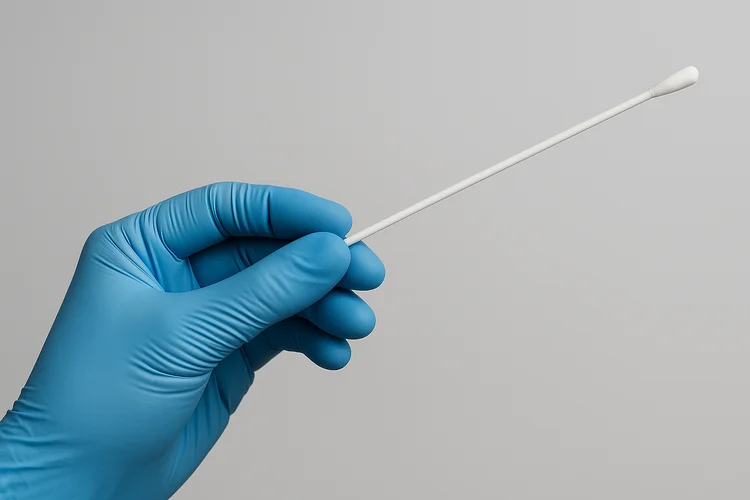 Gloved hand holding medical swab for vaginal sample collection to test for Gardnerella vaginalis.