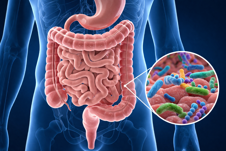 Illustration of the digestive tract with a close-up of gut microbiome bacteria.