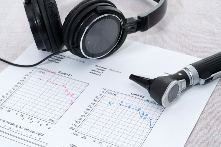 Hearing loss chart audiogram with headphones and otoscope showing hearing patterns of both ears.