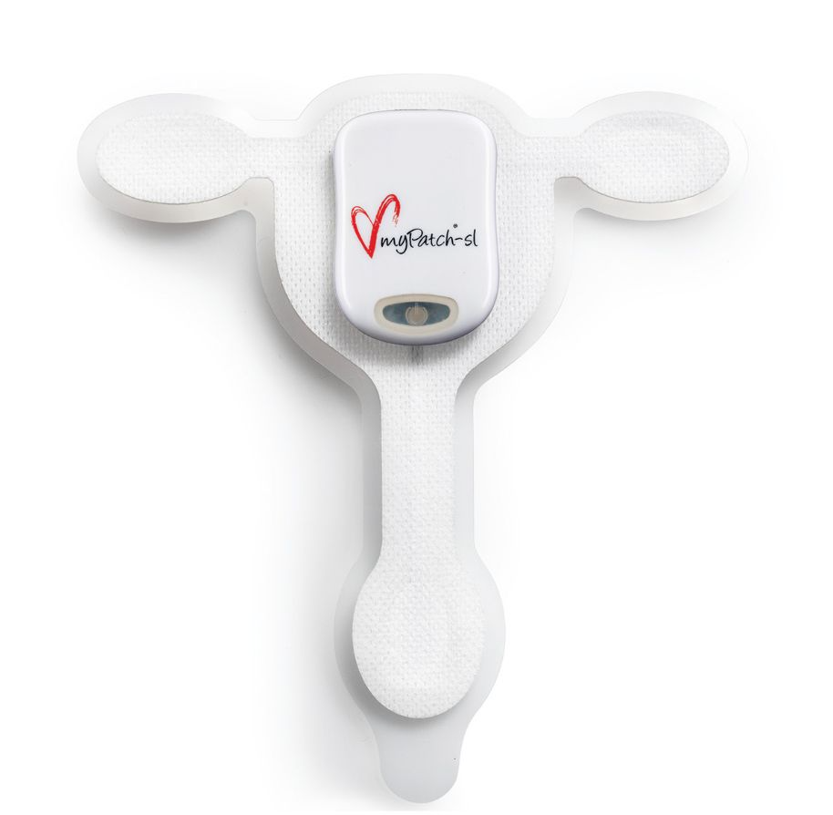 Compact adhesive Holter monitor patch used for continuous heart rhythm recording.