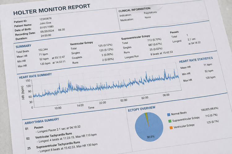 Sample Holter monitor report showing heart rate summary and arrhythmia findings.