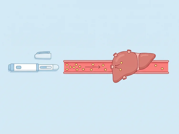 Injection pen with its cap off beside a liver taking cholesterol from the blood.