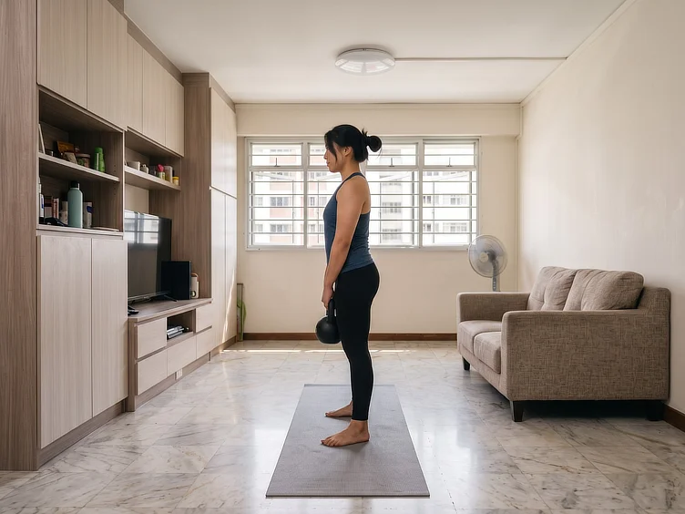 Woman holding a kettlebell during home strength training for weight loss.