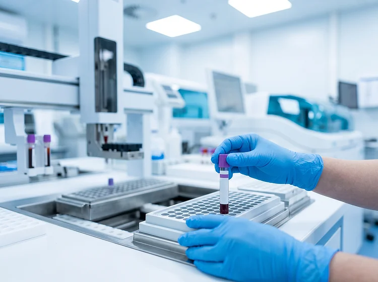 Laboratory technician placing a blood sample tube into a tray.
