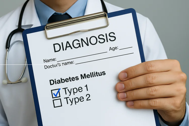 Doctor holding clipboard with Type 1 diabetes diagnosis showing Liraglutide is not recommended.