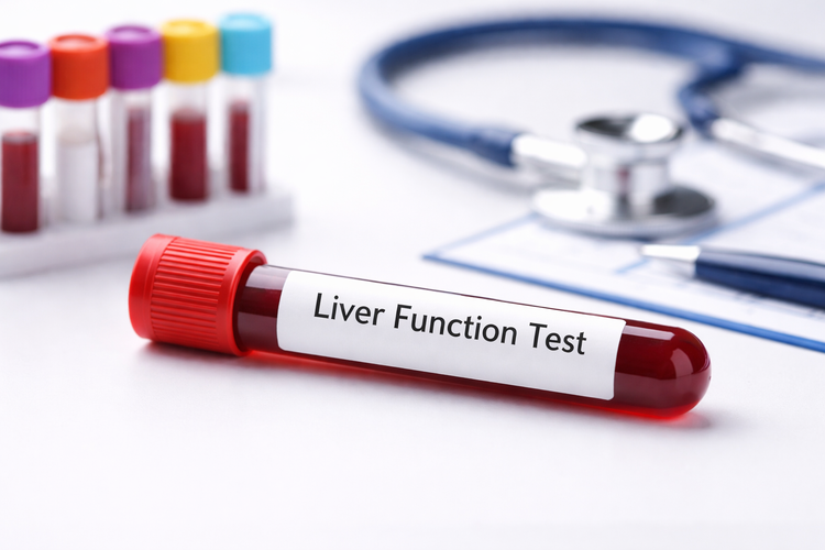 Blood sample tube labelled Liver Function Test on a clinical desk.