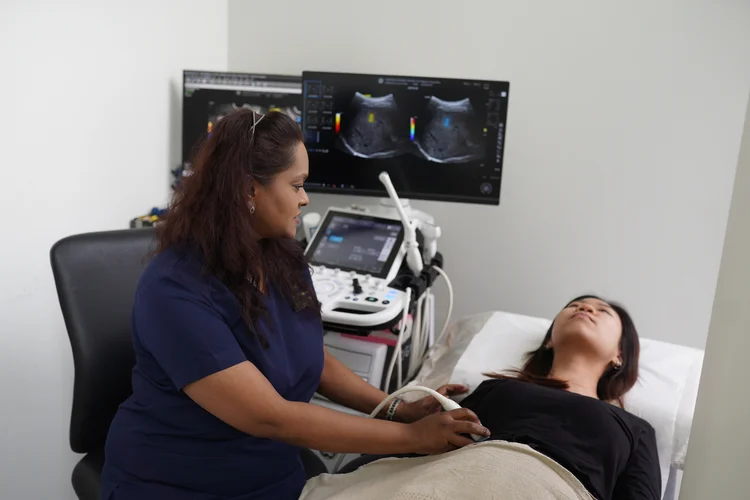 Liver ultrasound scan performed to assess fatty liver, health status, and possible fibrosis.