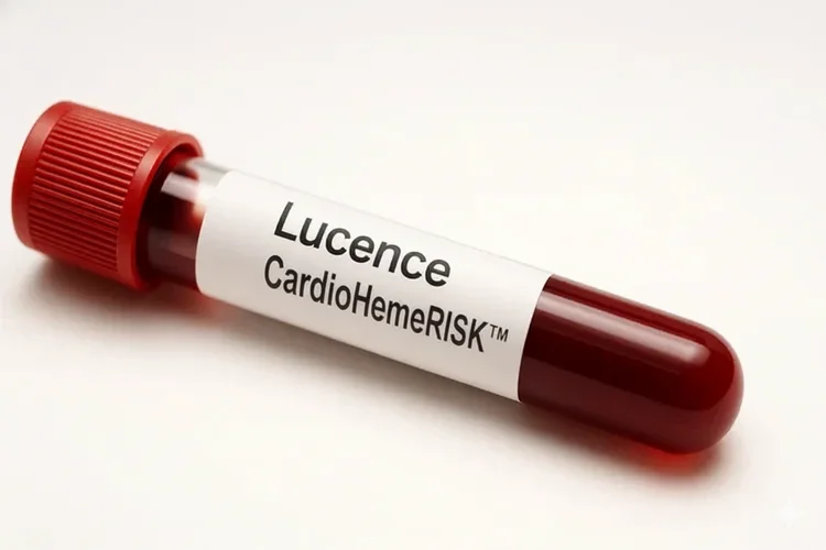 Blood sample labelled Lucence CardioHemeRISK used to assess heart, stroke, and leukaemia risk.