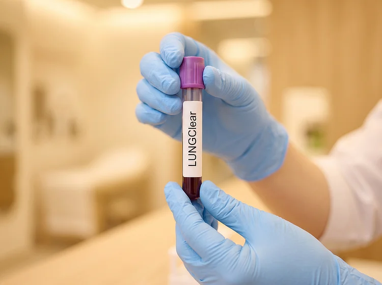 Gloved hands holding a LUNGClear blood test tube in a medical clinic.