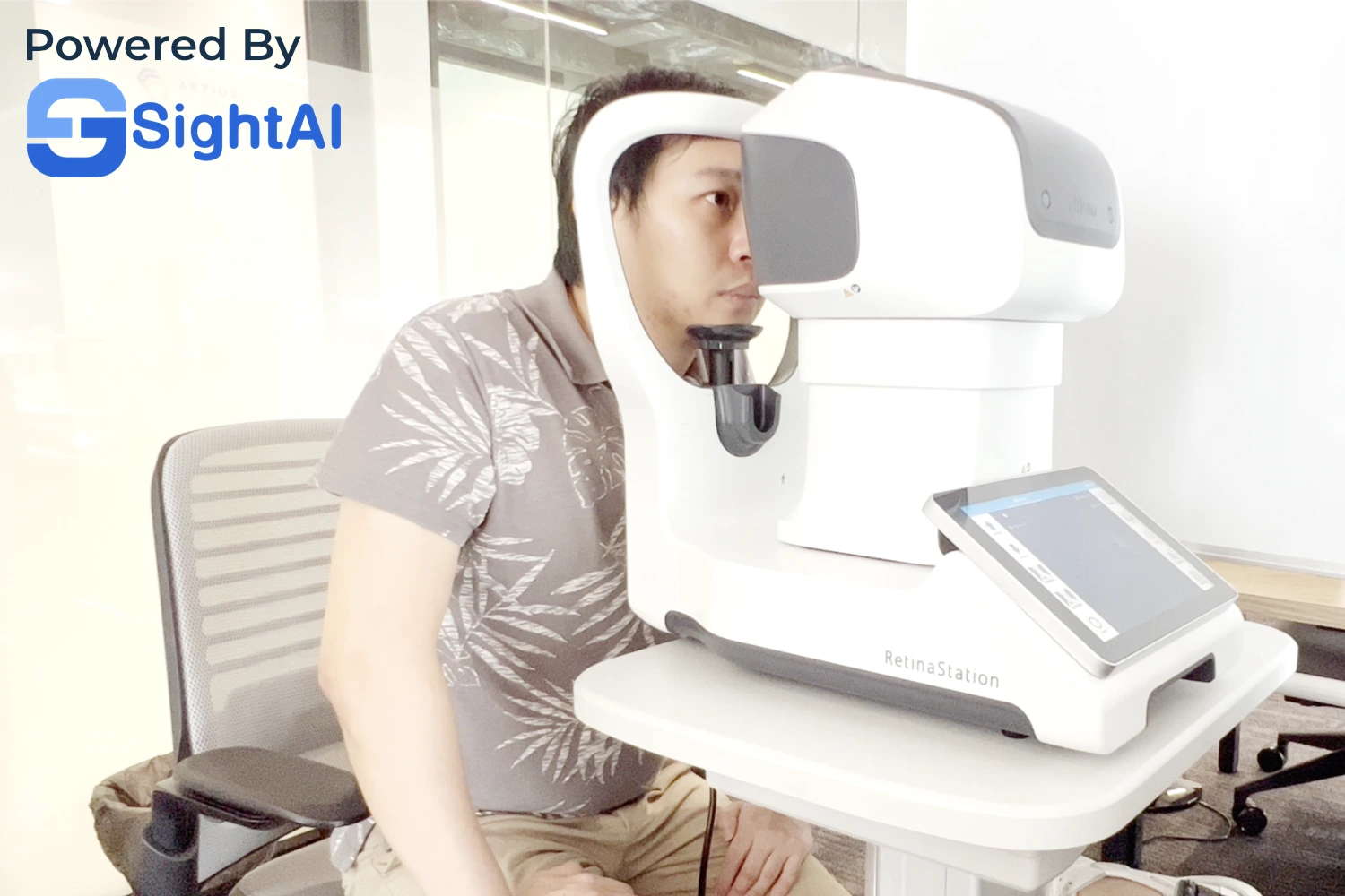 Man undergoing eye screening at clinic.