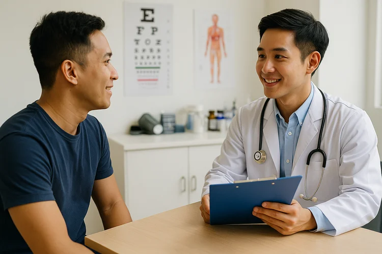Male patient consulting doctor about suitable health screening package options for his health needs.