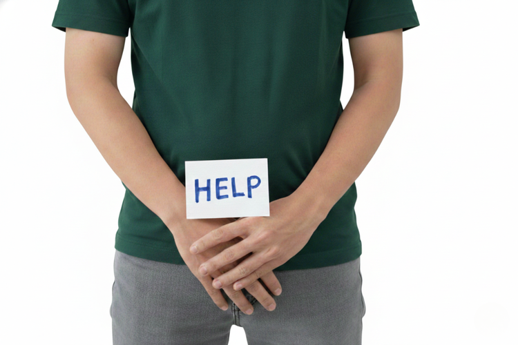 Man holding a help sign over his groin, symbolising premature ejaculation concerns.
