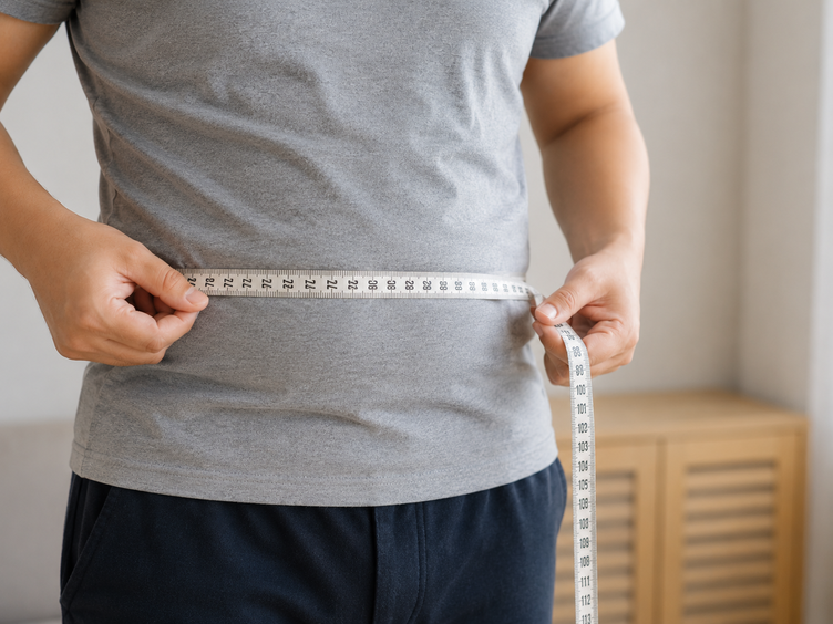 Slightly obese man measuring his waistline with a tape measure at home.