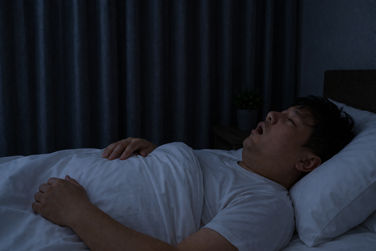 Man sleeping on his back with mouth open, a common sign of sleep apnoea.