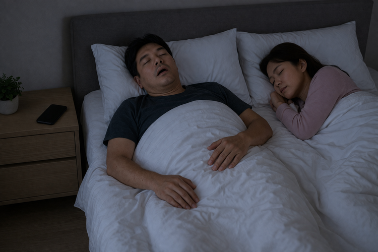 Man with sleep apnoea with mouth open and snoring beside his partner in bed.