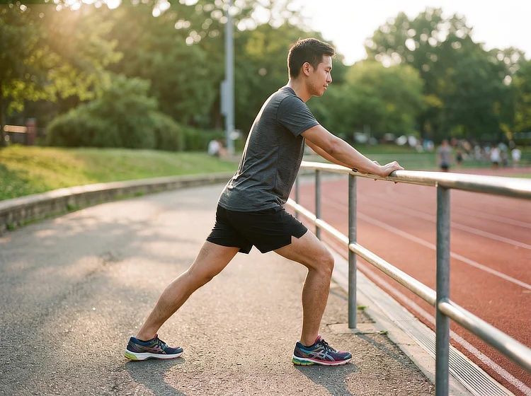 Man stretching his calf against a railing beside a running track.