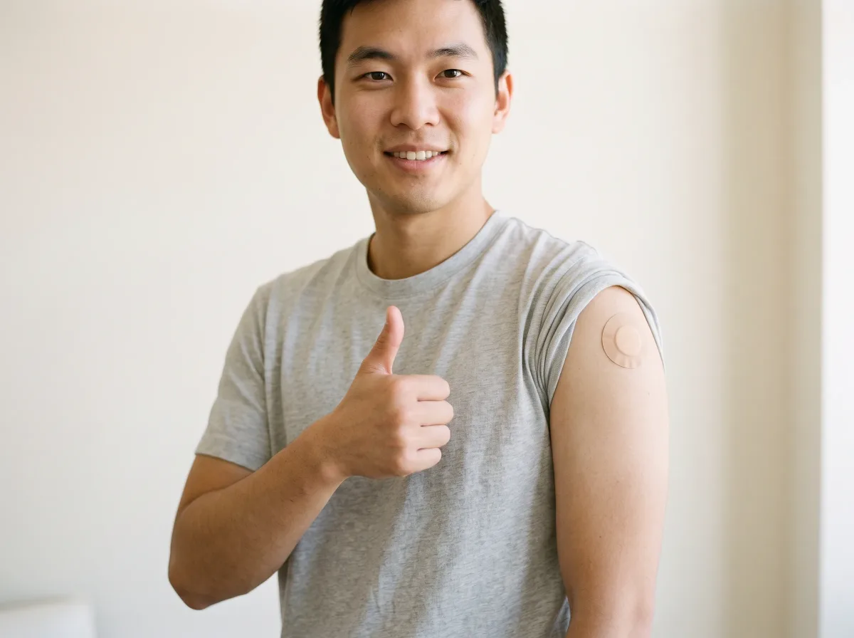 Smiling man in a grey T-shirt giving a thumbs up with a plaster on his upper arm