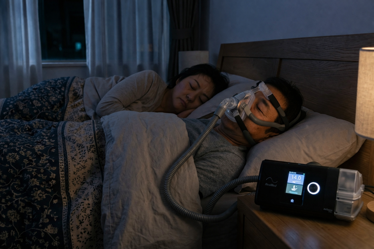 Man wearing a CPAP mask for sleep apnoea resting beside his partner at night.