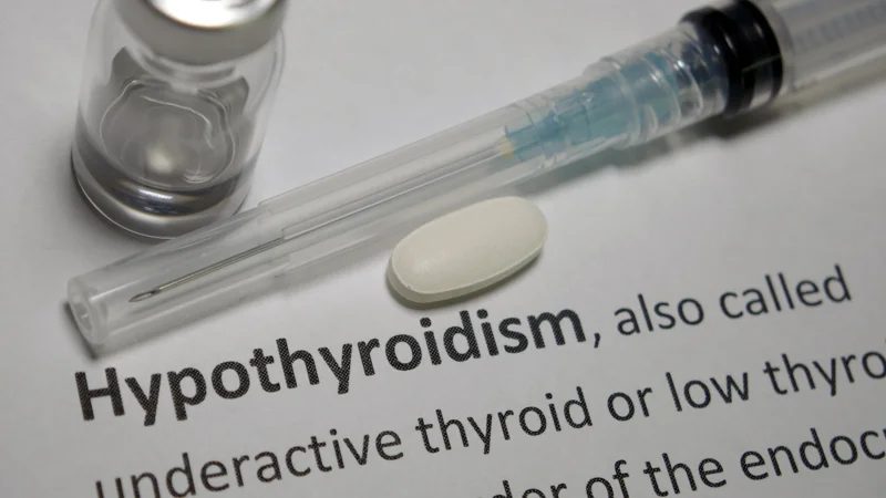 Medical illustration of hypothyroidism treatment, featuring a thyroid medication pill, injection syringe, and a printed definition of hypothyroidism, an underactive thyroid condition.