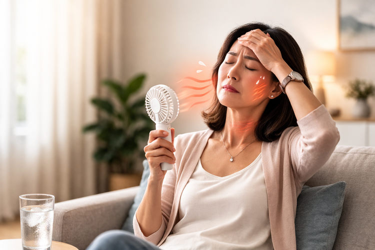 Middle-aged woman undergoing menopause experiencing hot flush using handheld fan.