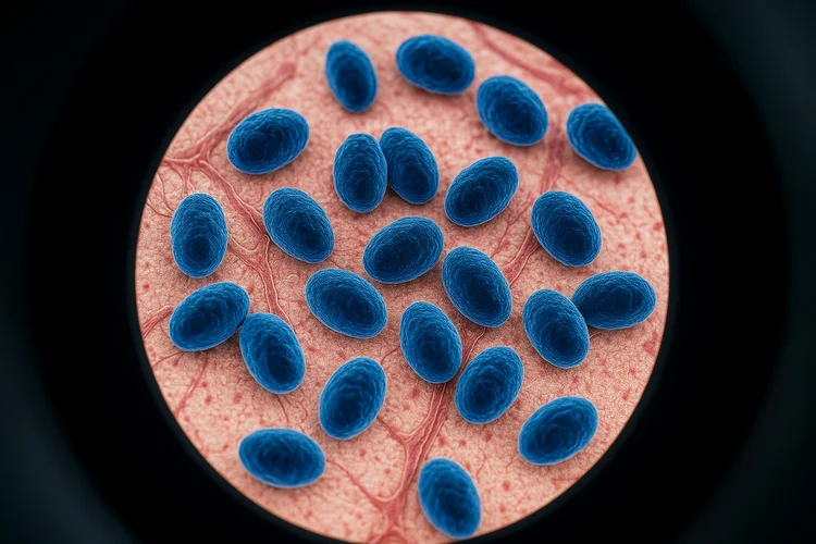 Microscopic view of Ureaplasma bacteria on genital tissue surface showing typical shape and clusters.