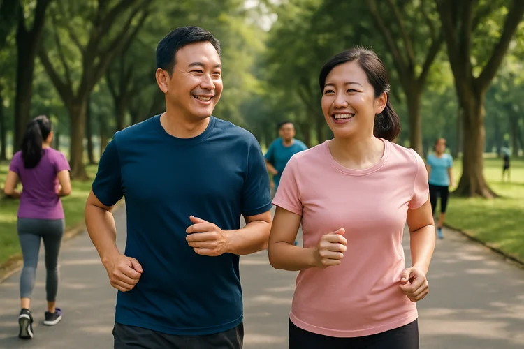 Middle-aged asian couple jogging in park showing benefits of longevity care and healthy ageing.