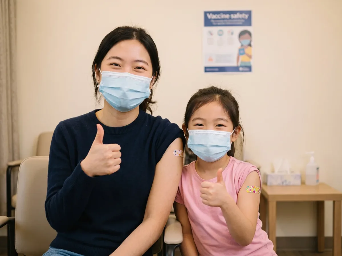Mother and daughter in face masks giving a thumbs up with plasters on their arms