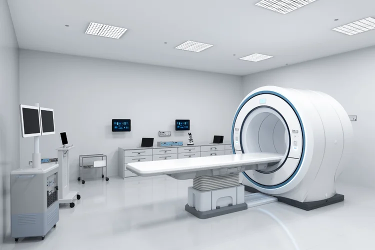 Modern MRI machine in clinical setting prepared for soft tissue or brain imaging.