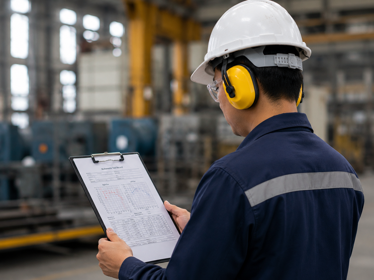 Factory worker in ear muffs reviewing an audiometric test record on a clipboard.