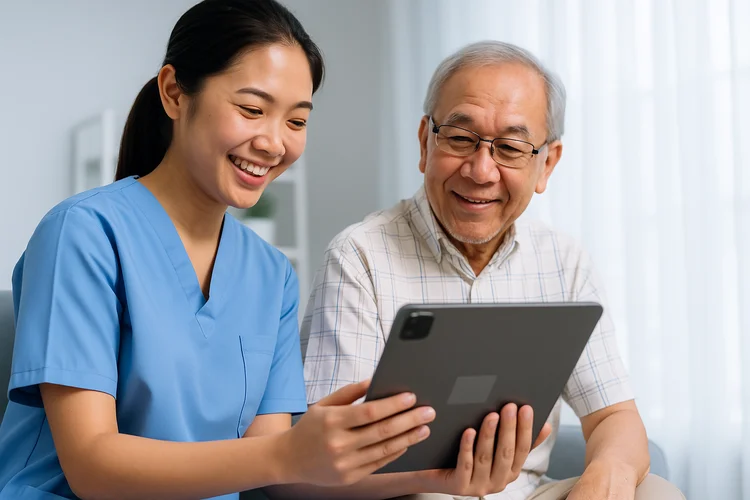 Asian nurse discussing senior health check-up schedule with elderly man using digital tablet.