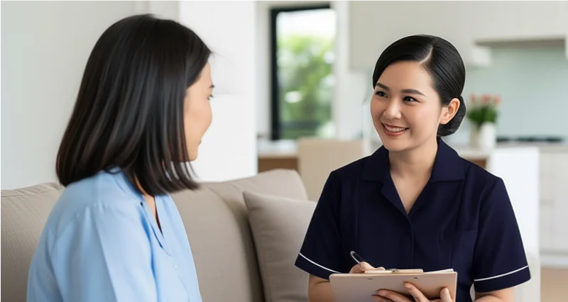 Female nurse conducting home health screening in Singapore, speaking to patient on living room sofa.