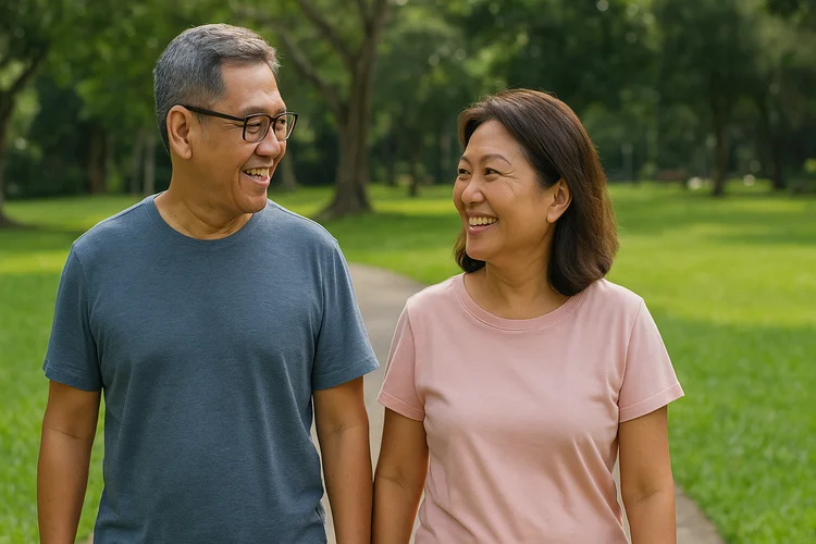 Older aged Singaporean couple walking in park to highlight importance of senior health checkups.