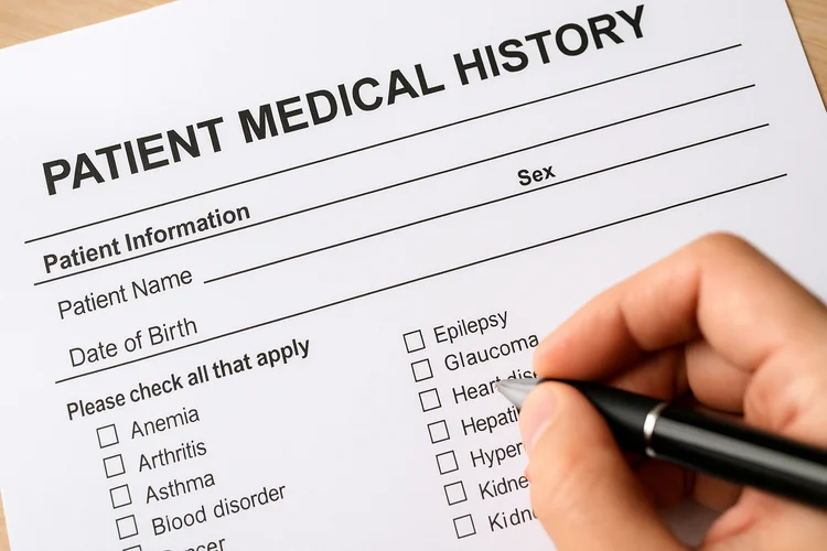 Hand filling out patient medical history form for premarital health screening in Singapore.
