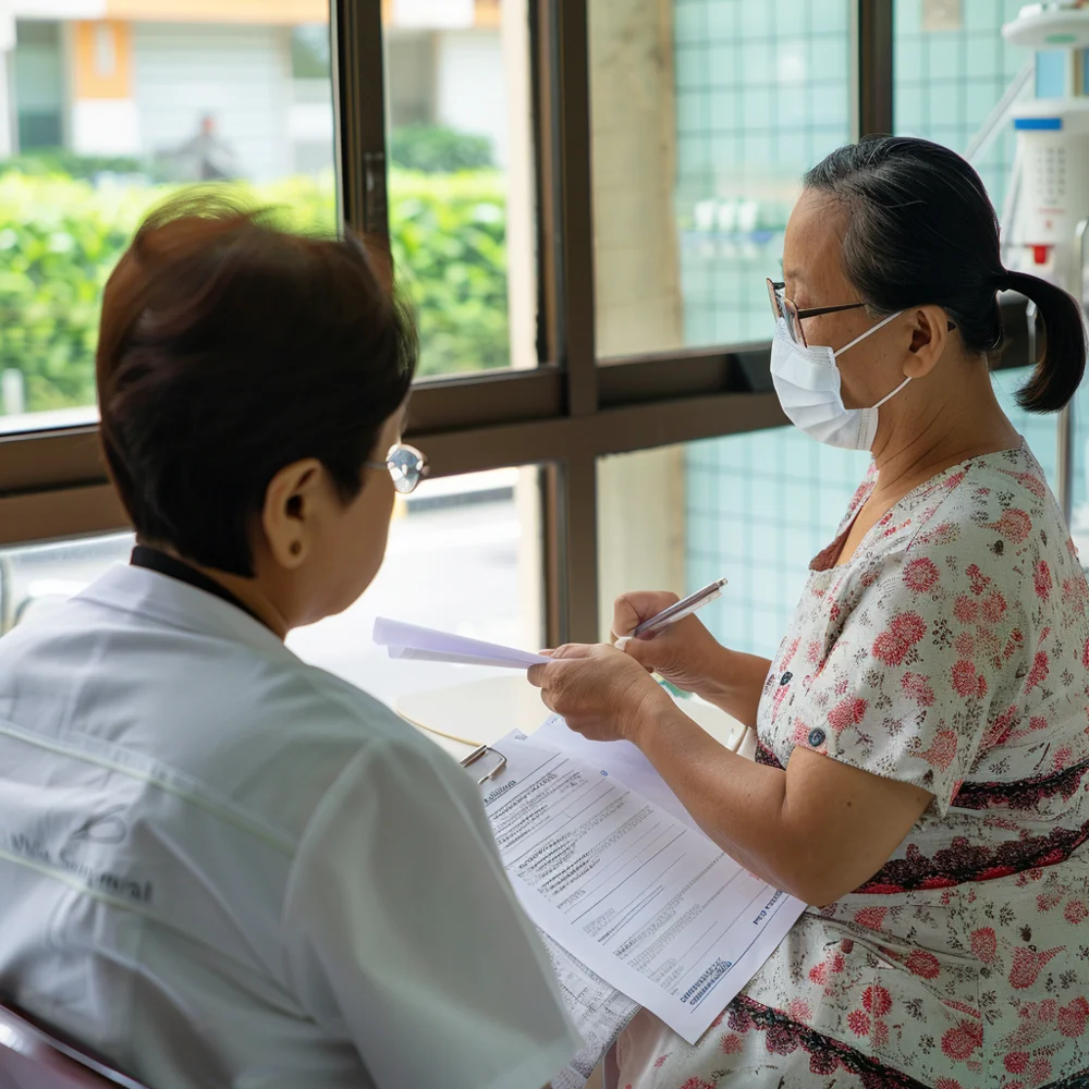 Private clinic staff explaining mammogram subsidies available to asian woman above 50 year old.