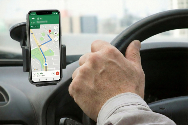 Driver using GPS while holding steering wheel during private hire car journey.