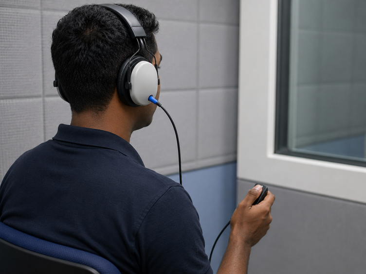 Worker in headphones holding a response button during an audiometric test.