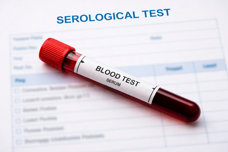 Blood sample tube labelled 'serum' on a serological test request form.
