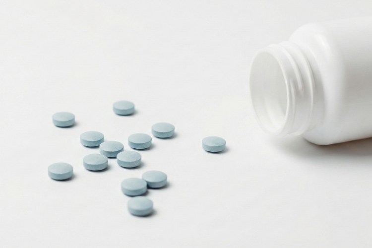 Blue sildenafil tablets (Viagra) poured from a white medication bottle.