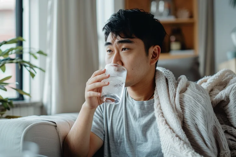 Singaporean man in his 30s drinking clear water at home while resting to recover from flu symptoms.