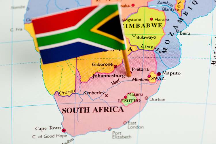 South Africa map with national flag marking travel planning.