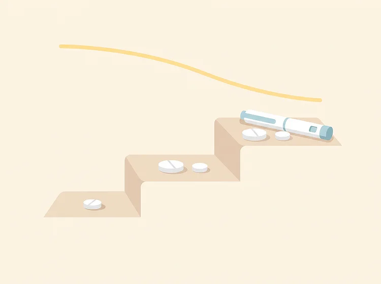 One tablet, then two, then tablets and an injection pen on three rising steps.