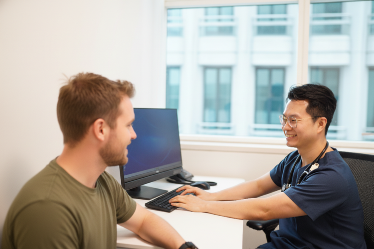 Doctor discussing recommended travel vaccinations before South East Asia trip.