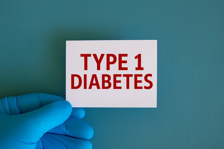 Gloved hand holding card with Type 1 diabetes warning against Dulaglutide use.