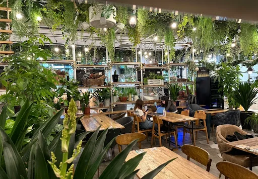 Lush green interior of Walking On Sunshine café Singapore with wooden tables and hanging plants.