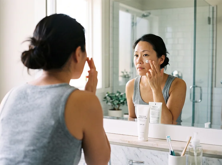 Woman applying SPF 50 sunscreen to her face in a bathroom mirror.