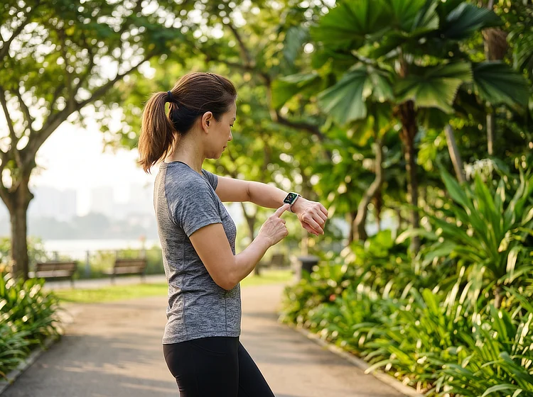 Woman in activewear checking her fitness tracker on a tree-lined park path.