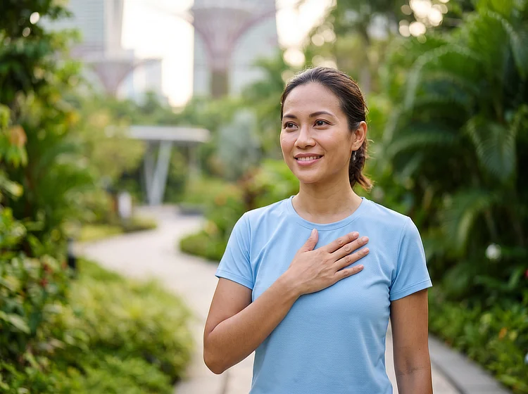 Smiling woman on a leafy garden path, resting her hand over her heart.