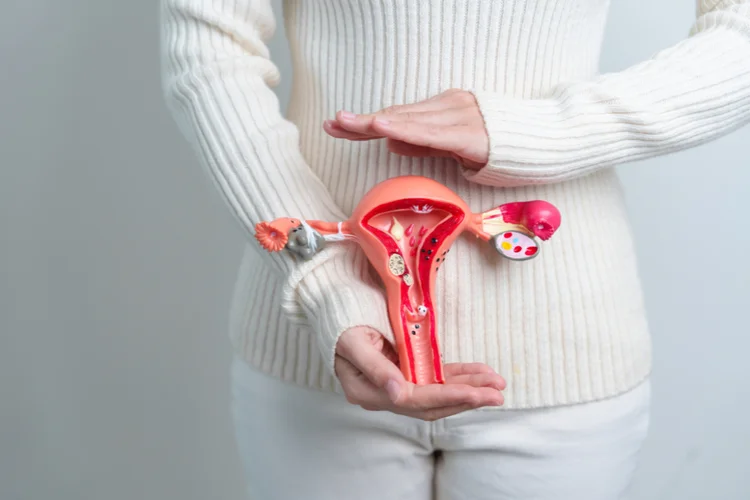 Woman holding female reproductive model to illustrate Mycoplasma genitalium infection awareness.