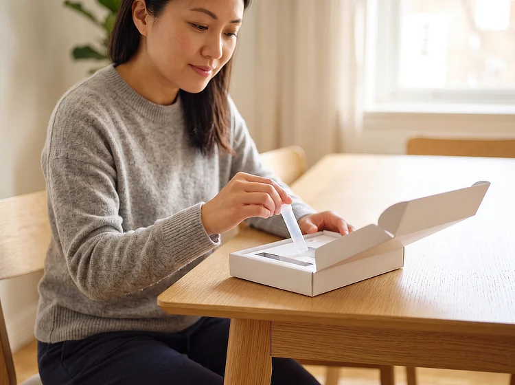 Woman in a grey jumper lifting a sample tube from a DNA test kit at her table.
