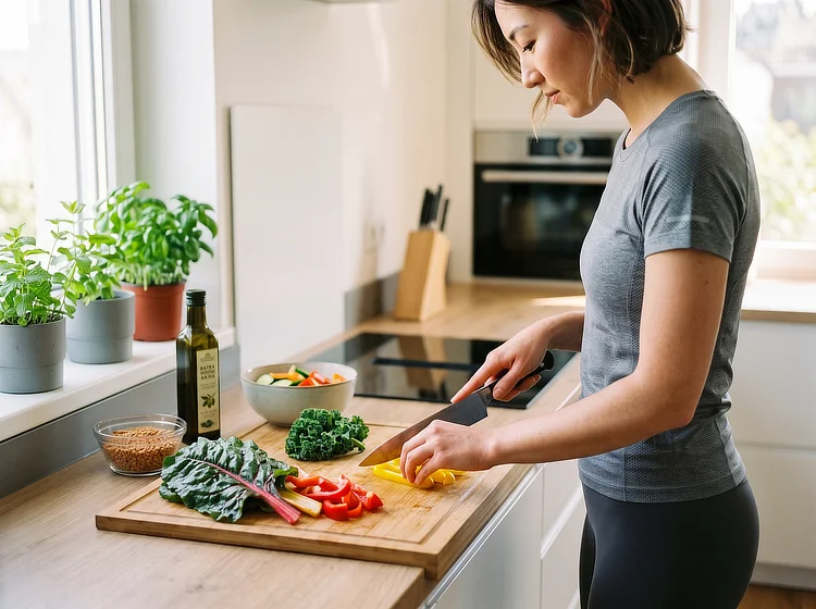 Woman chopping peppers and chard on a wooden board beside potted fresh herbs.